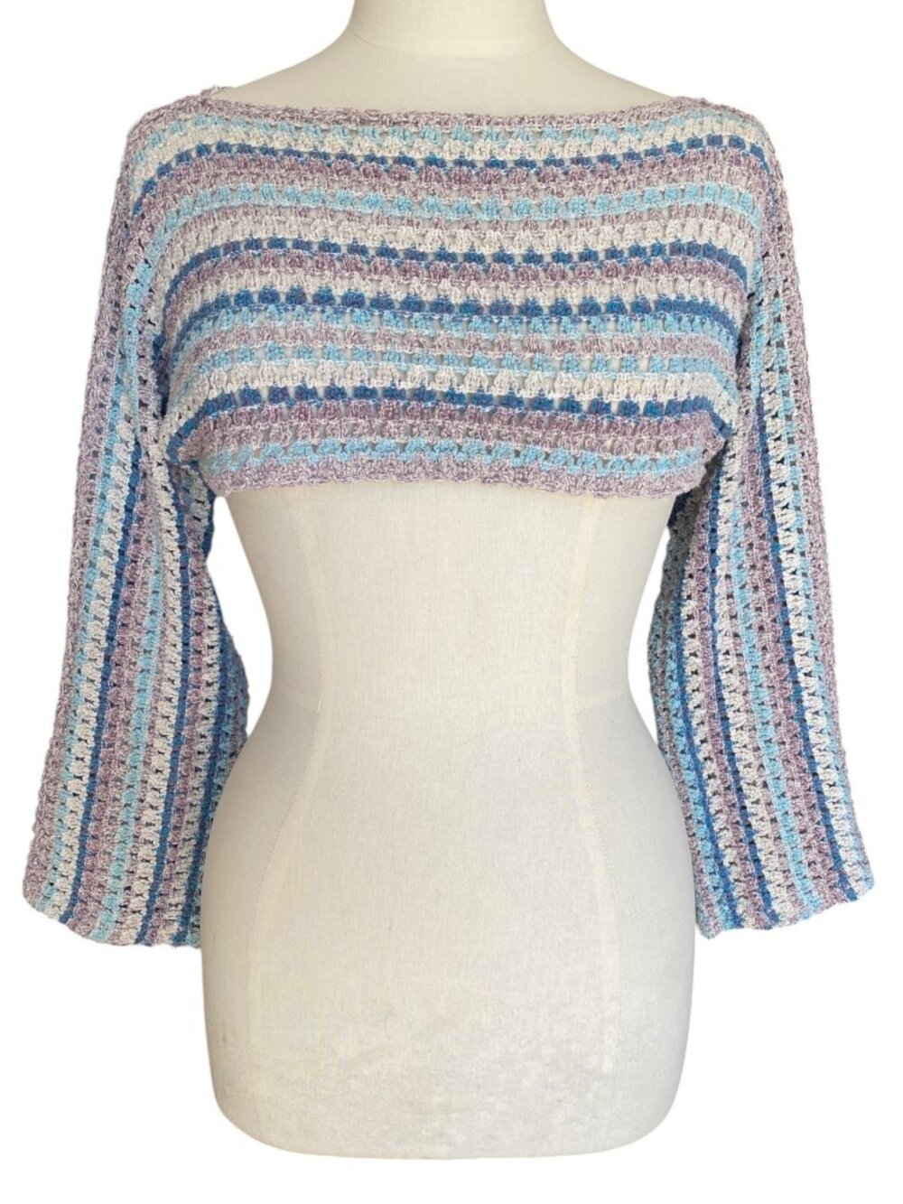 Pull & Bear Striped Crochet Shrug Super Cropped Sweater Bell Sleeve Festival-S